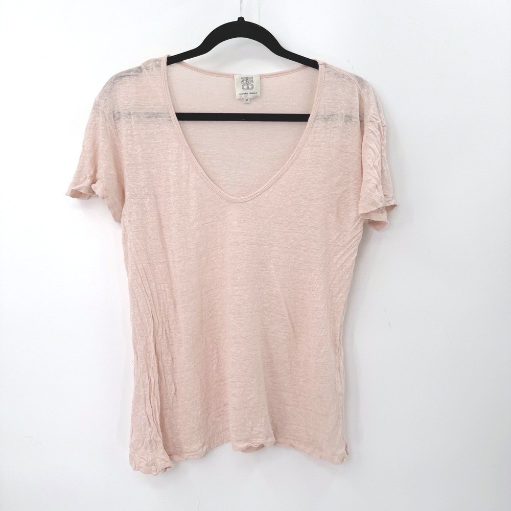 Second Female Peony Linen V-Neck‎ Tee Women M Pink Capsule Basic Coastal Summer